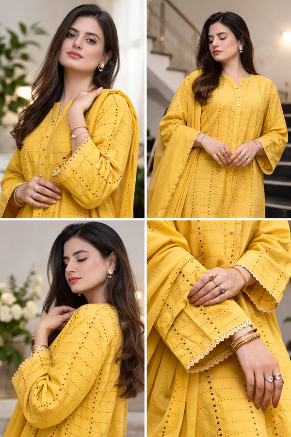 Woman wearing a yellow traditional outfit with intricate designs in four different poses.