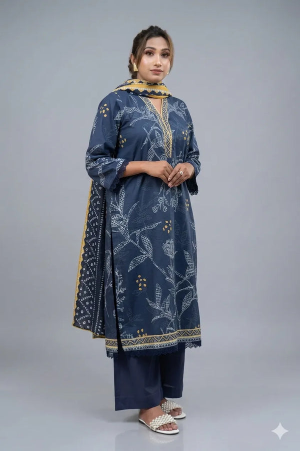 Woman wearing a blue embroidered traditional outfit on a gray background