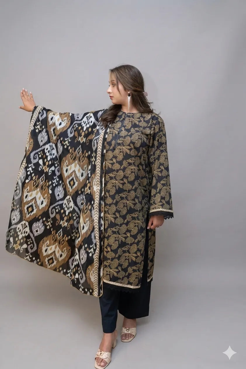 Woman holding a patterned fabric against a plain background