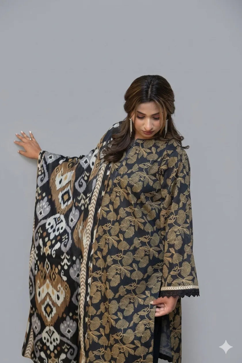 Woman wearing a patterned coat with a plain background