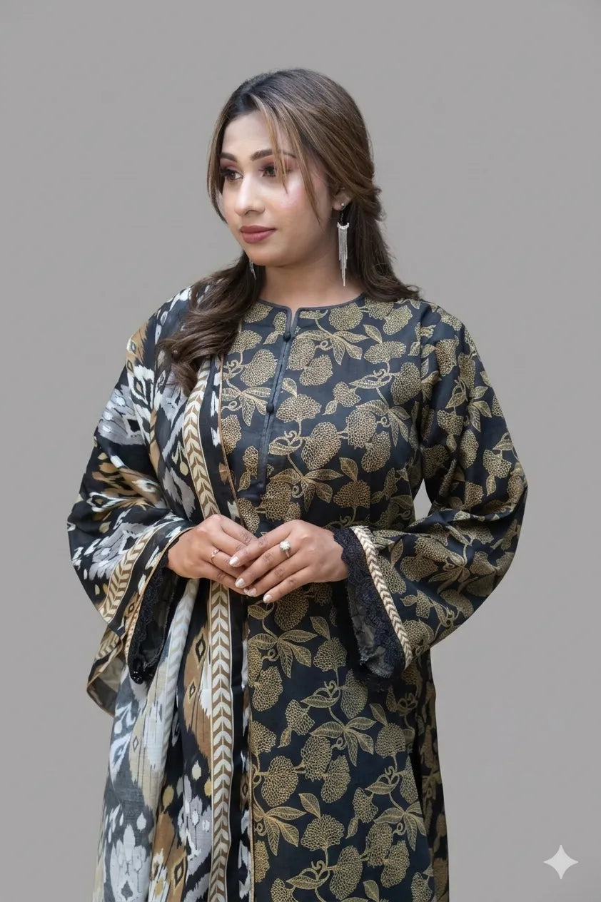 Woman wearing a patterned dress against a gray background