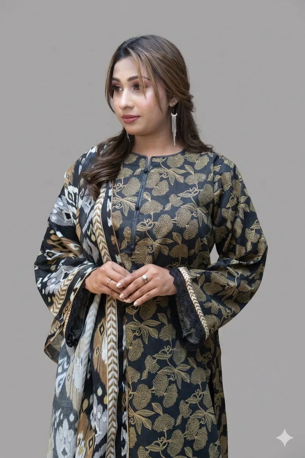 Woman wearing a patterned dress against a gray background