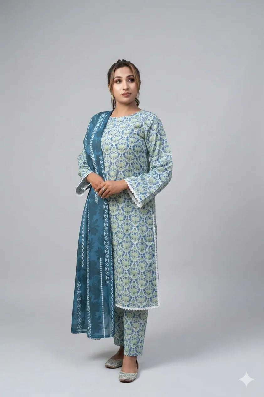 Woman wearing a light blue floral kurta with a matching dupatta on a gray background