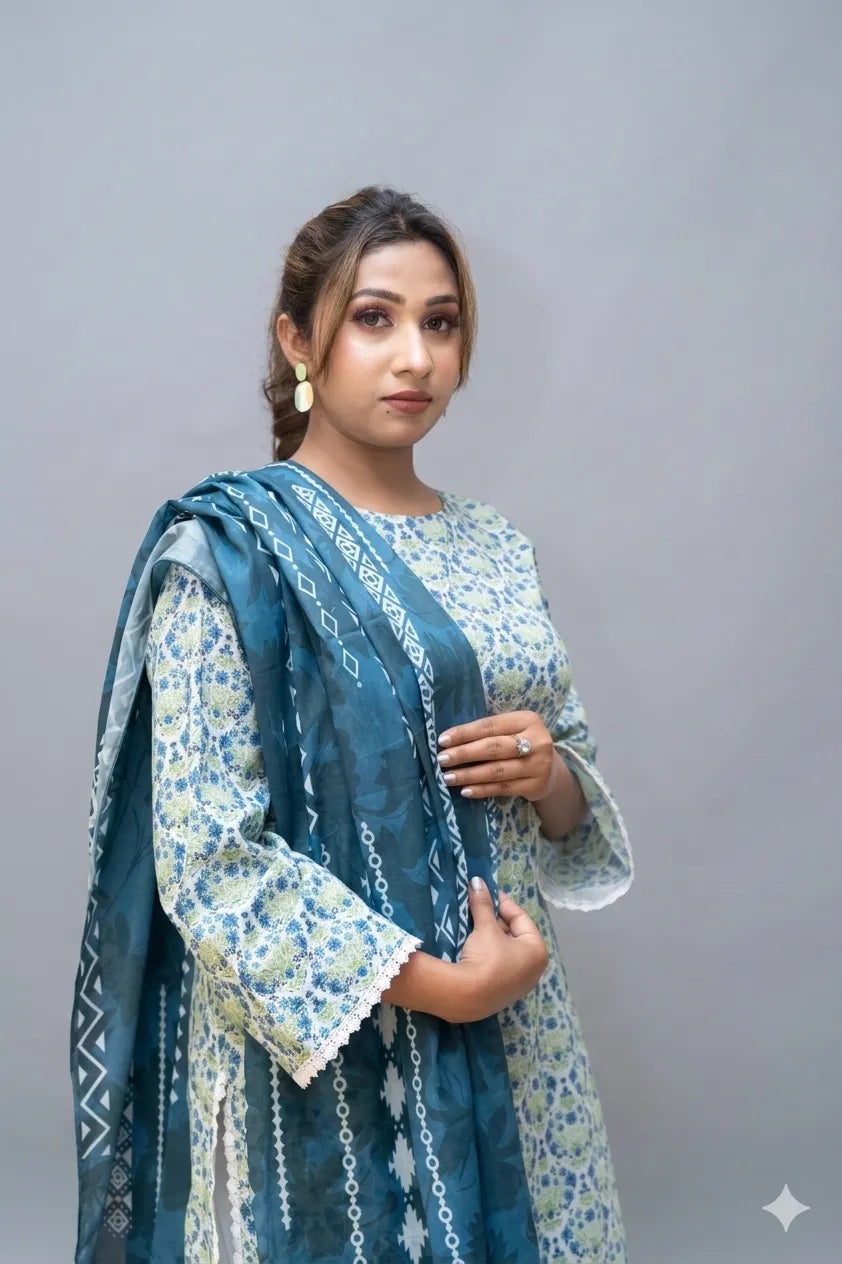 Woman wearing a blue and white patterned outfit with a matching scarf against a gray background