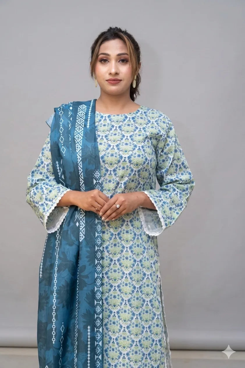 Woman wearing a blue and white patterned kurta with a matching dupatta against a gray background