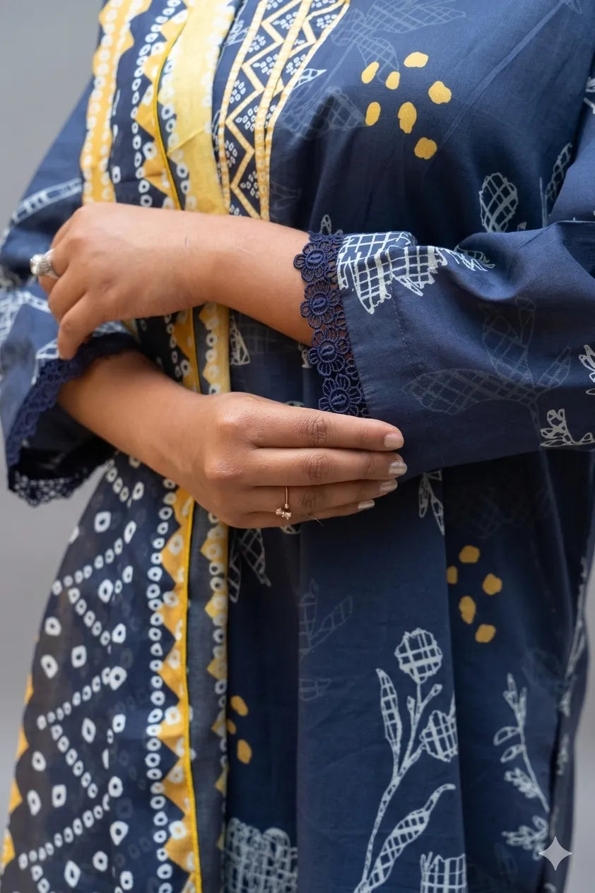 Navy blue fabric with yellow patterns and lace details