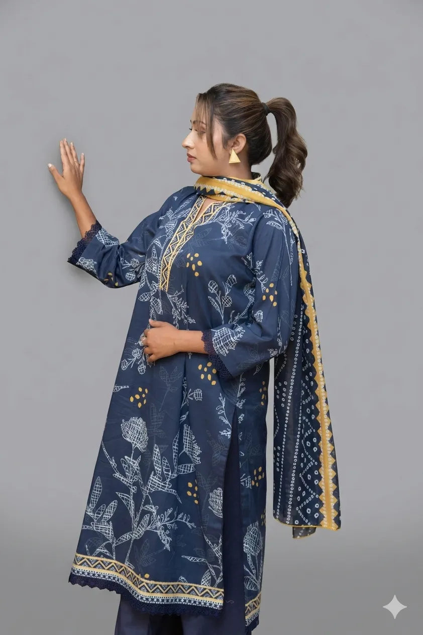 Woman wearing a blue floral dress with gold accents against a gray background