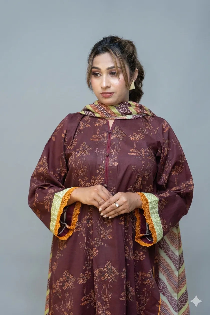 Woman wearing a traditional maroon outfit with a patterned shawl against a gray background