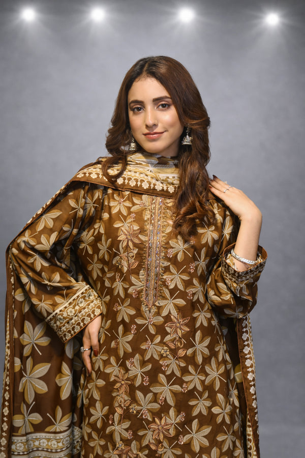 Woman wearing a brown embroidered traditional outfit against a gray background
