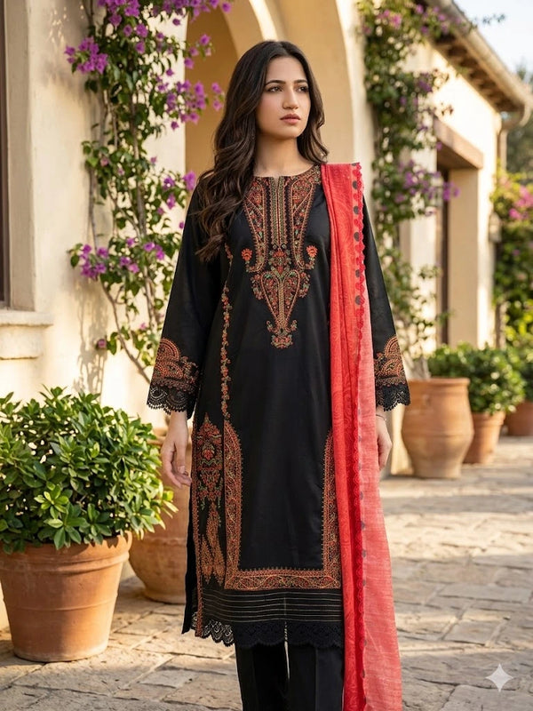 Woman wearing a black embroidered outfit with a red dupatta in an outdoor setting.