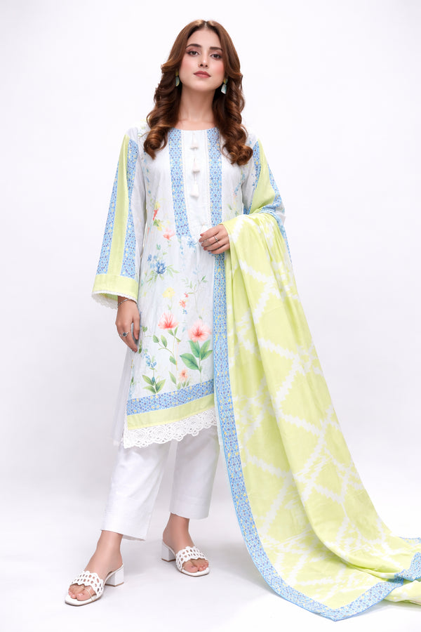 Woman wearing a white outfit with floral patterns and a yellow dupatta on a white background