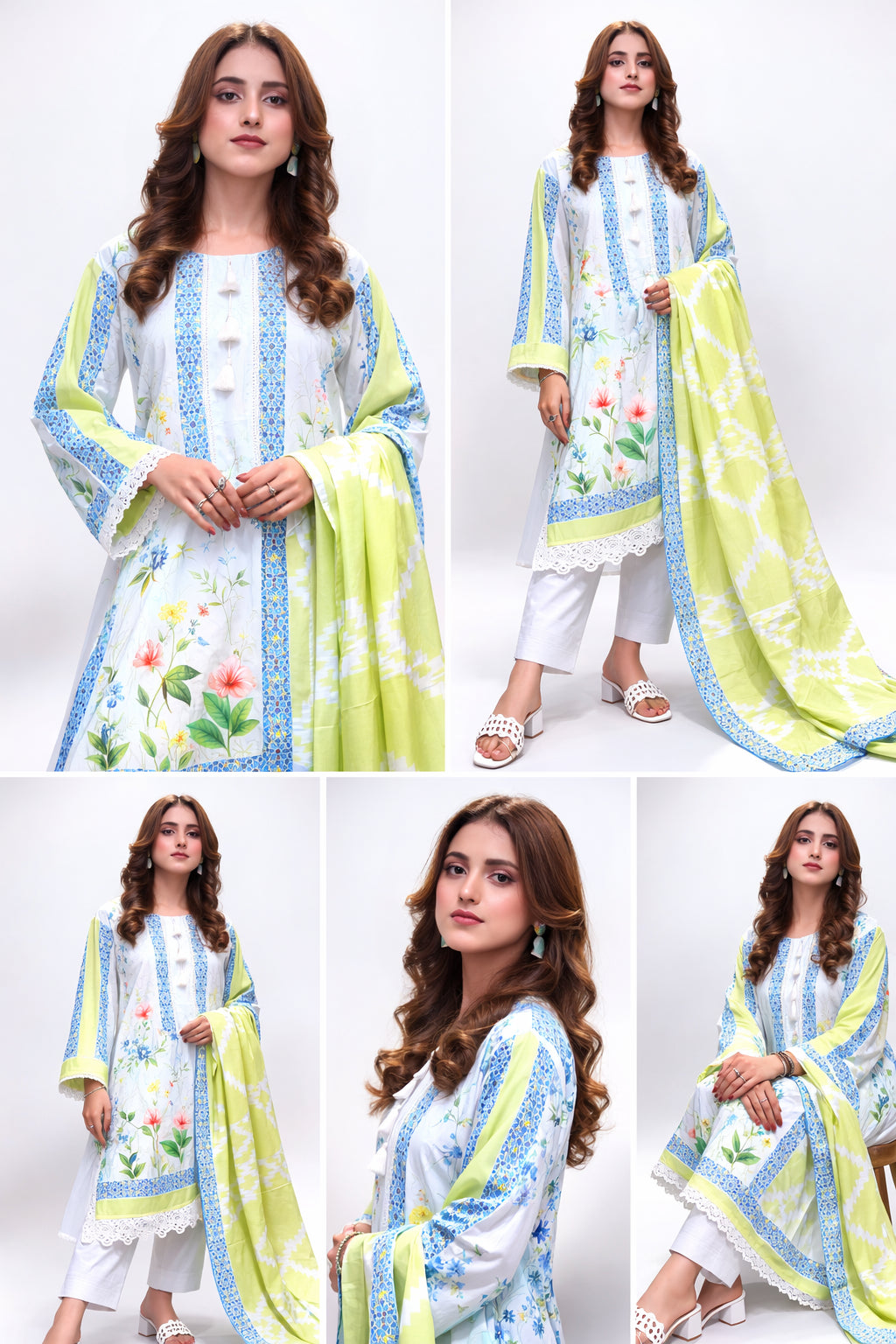 Woman modeling a light blue and white floral dress with a yellow dupatta in multiple poses on a white background.