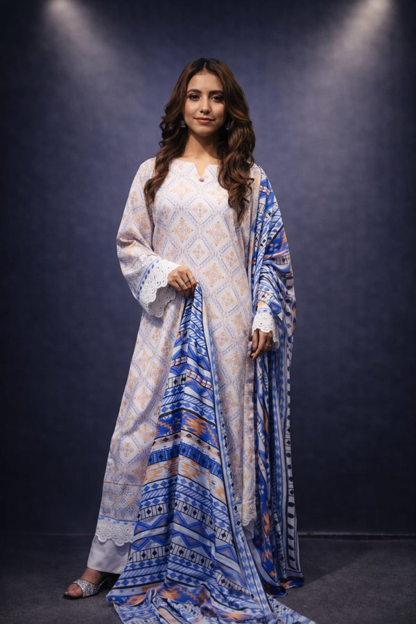 Woman wearing a traditional outfit with a blue and white pattern against a dark background