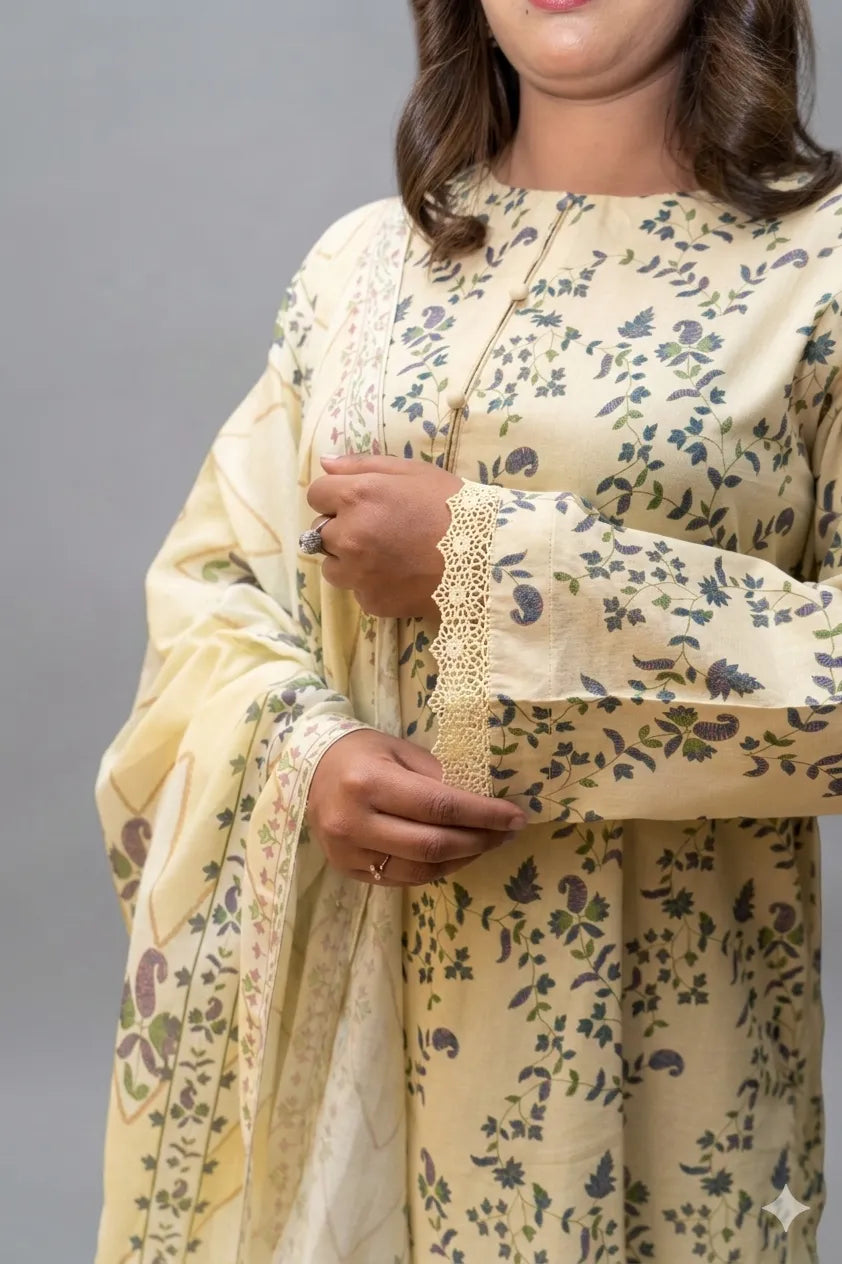 Woman wearing a beige floral outfit with a matching dupatta against a gray background