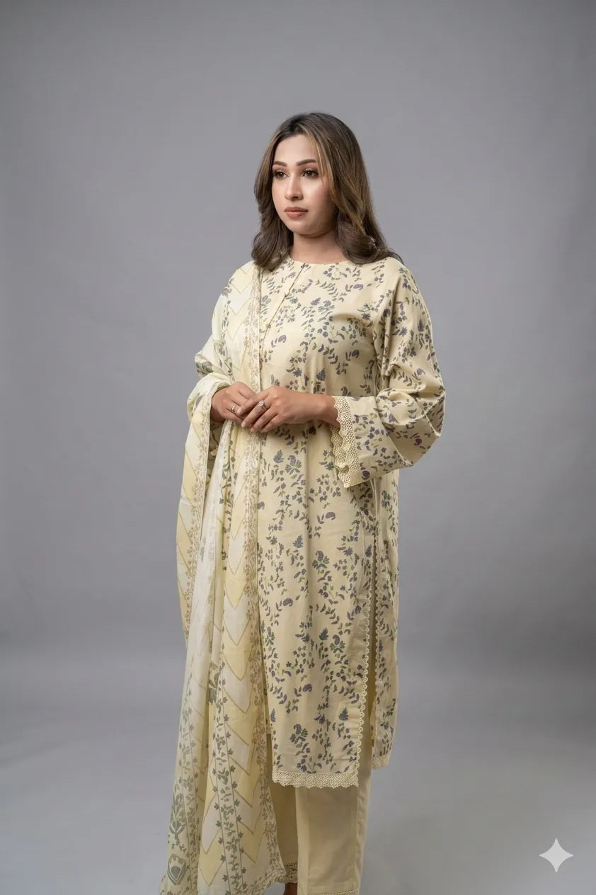 Woman wearing a floral dress against a gray background
