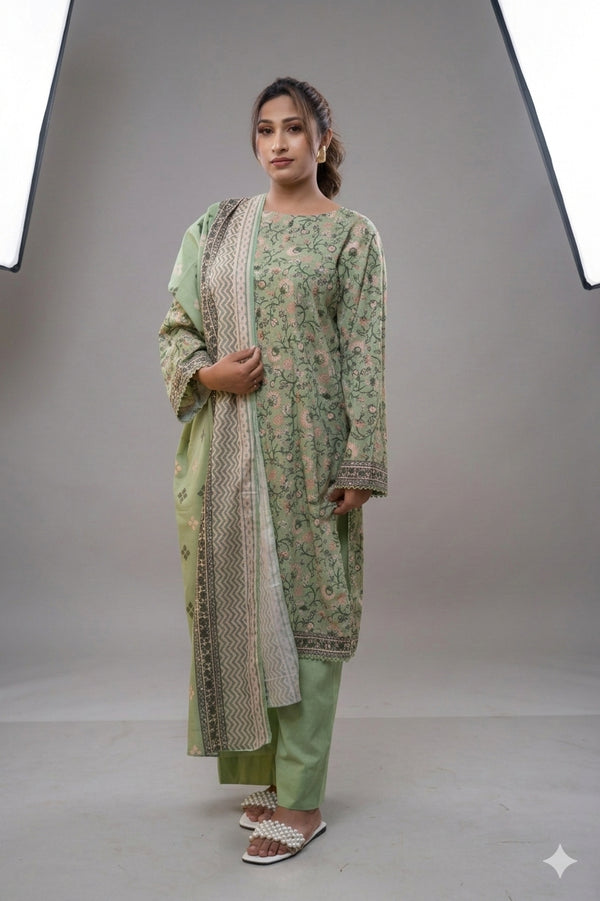 Woman wearing a green traditional outfit with a white dupatta against a gray background