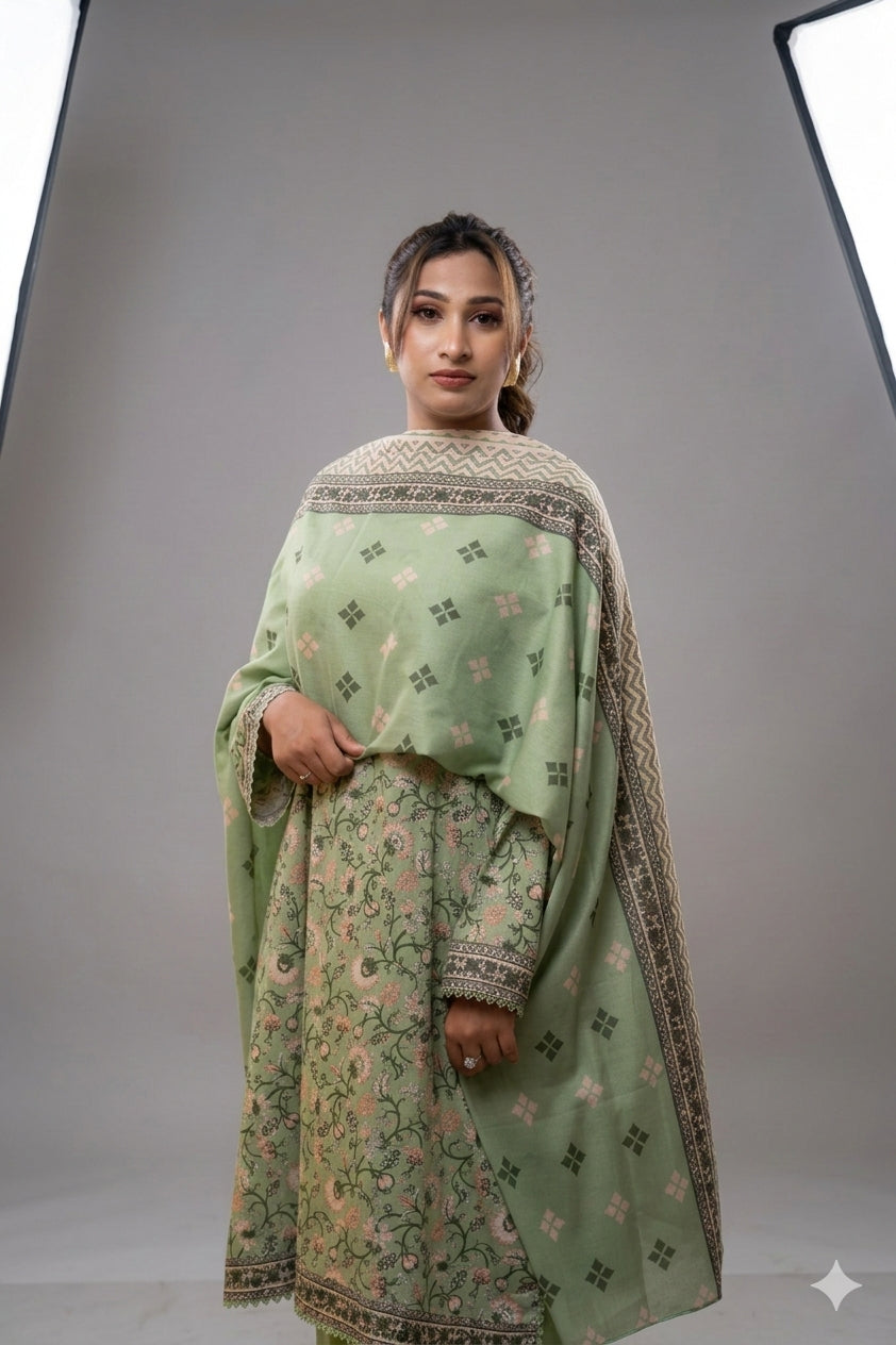 Woman wearing a green traditional outfit with a matching shawl against a gray background