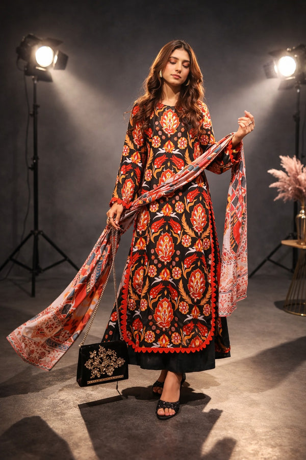Woman in a patterned outfit with a scarf, posing in a studio setting.