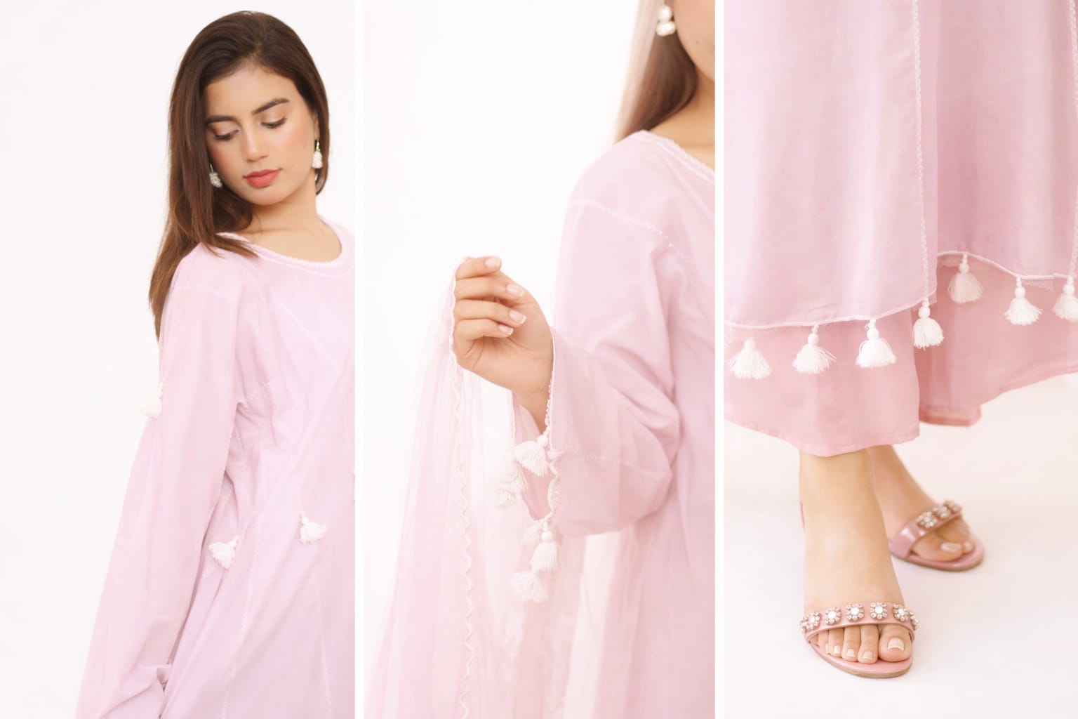 Woman wearing a pink outfit with a close-up of the hem and sandals on a white background