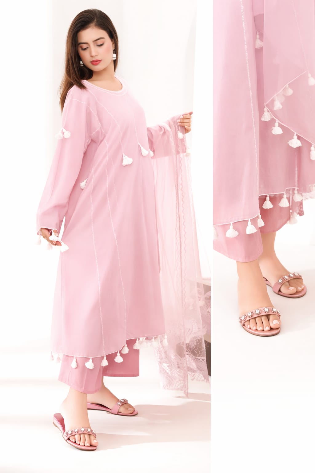 Woman wearing a pink traditional outfit with a dupatta on a white background