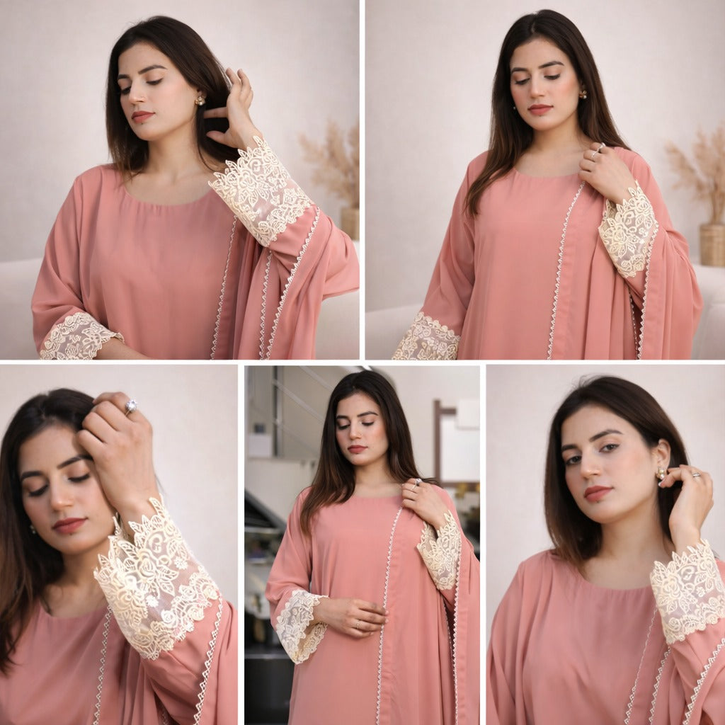 Woman wearing a pink outfit with lace details in a collage format.