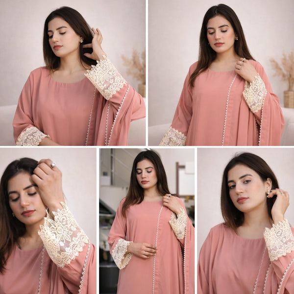 Woman wearing a pink outfit with lace details in a collage format.