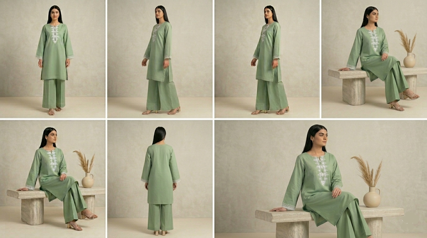 Woman in a green traditional outfit posing in various poses against a neutral background.