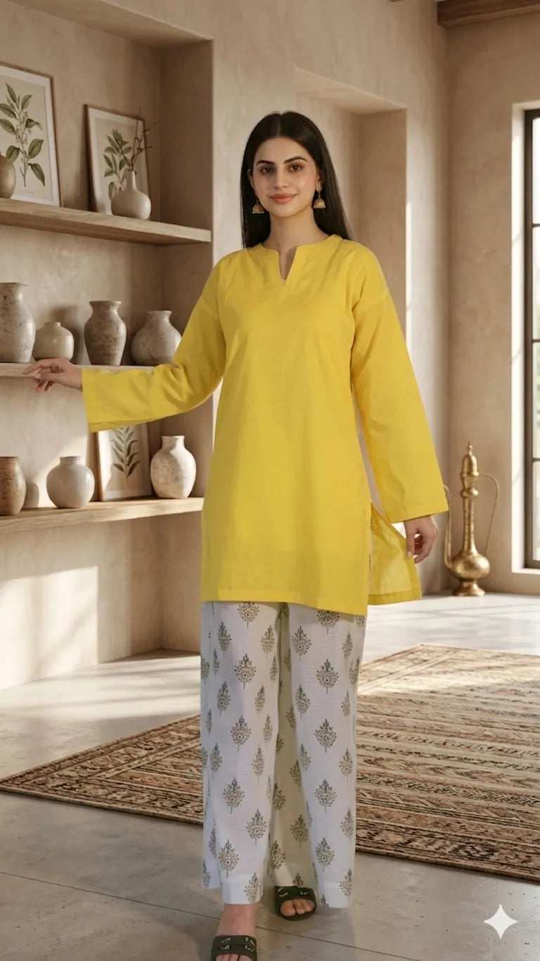 Woman wearing a yellow kurta with white pants in a room with shelves and decor.