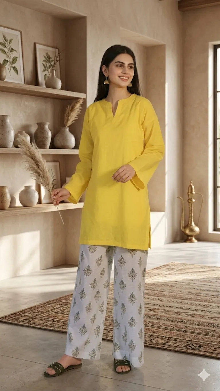 Woman wearing a yellow kurta with white pants in a room with decorative shelves and decor.