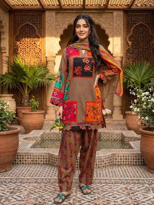 Woman in traditional embroidered outfit standing in a decorative indoor setting with plants.