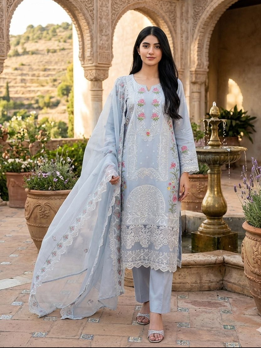 Pakistani pastel blue embroidered 3 piece dress