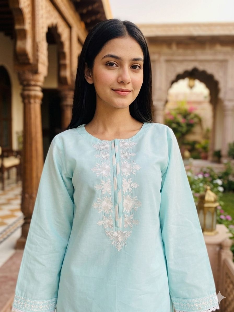 Woman wearing a light blue embroidered traditional outfit in an outdoor setting with architectural elements.