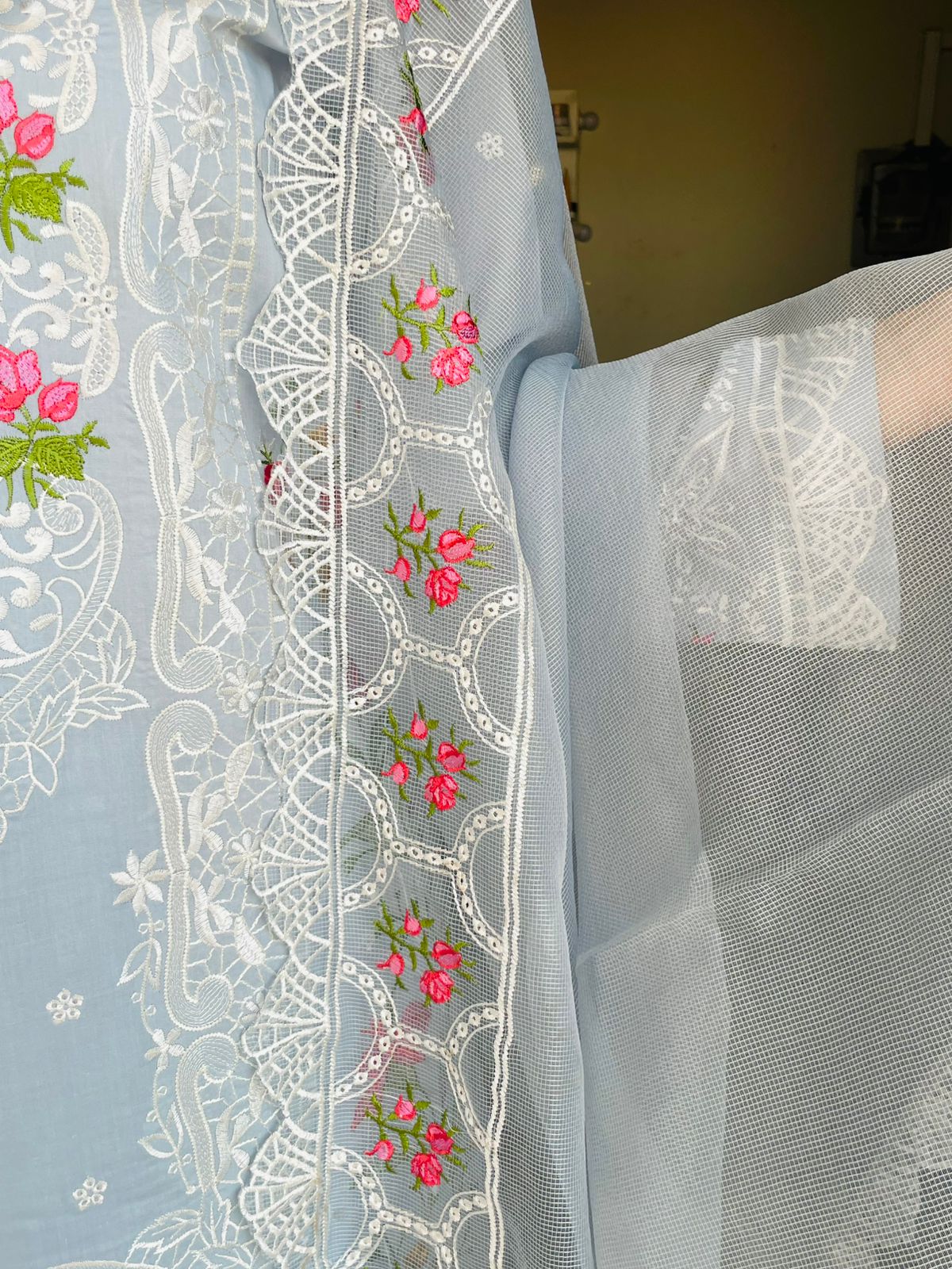 Luxury lawn suit with organza dupatta for women
