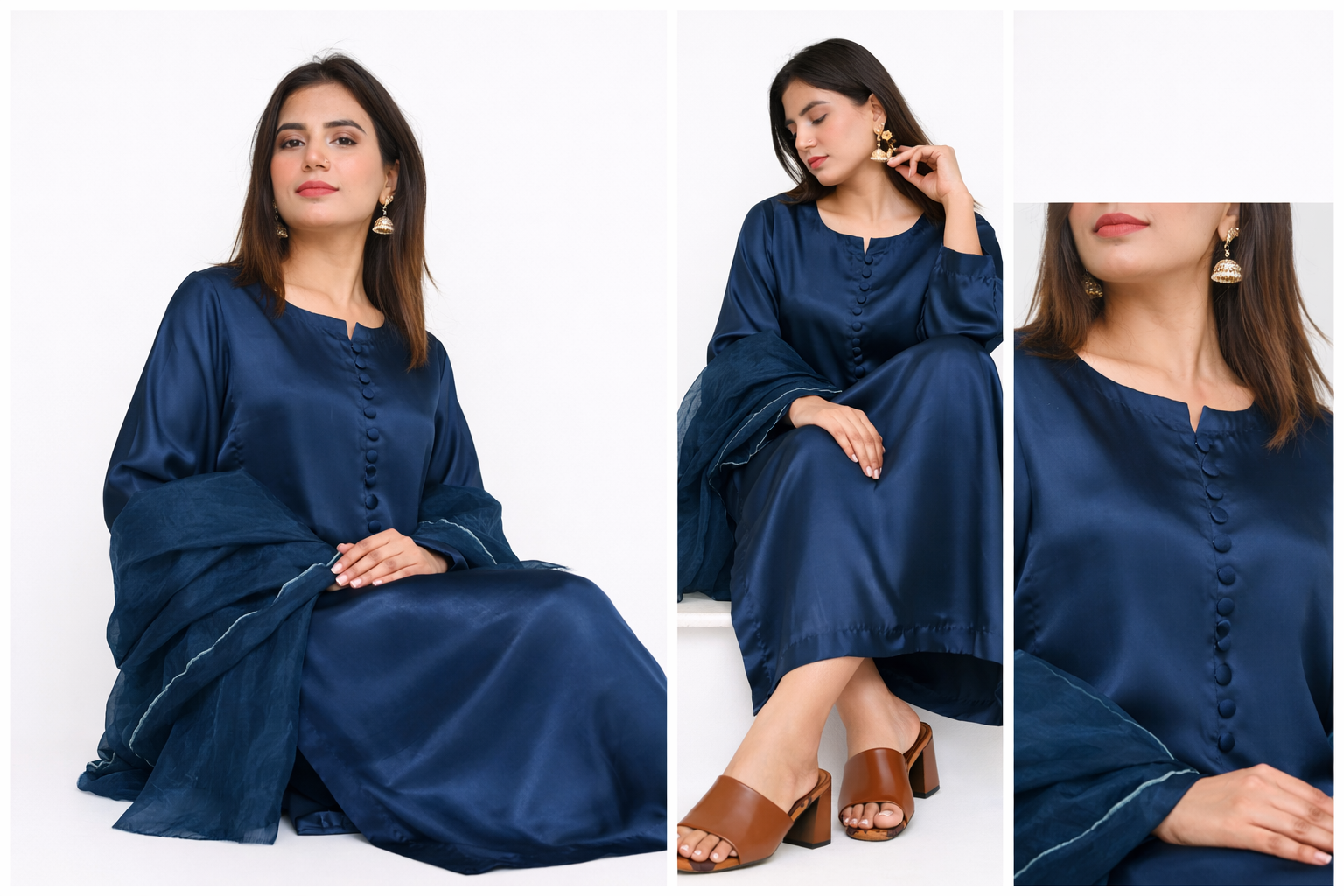 Woman wearing a blue dress with close-up shots on a white background