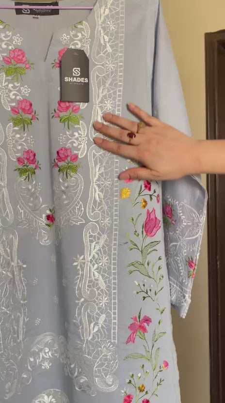 Ice Blue Embroidered Luxury Lawn Suit with Organza Dupatta – 3 Piece