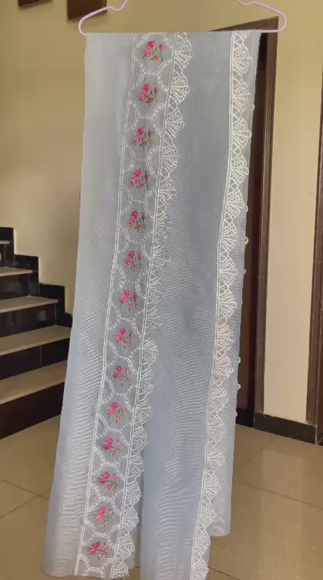 Ice Blue Embroidered Luxury Lawn Suit with Organza Dupatta – 3 Piece