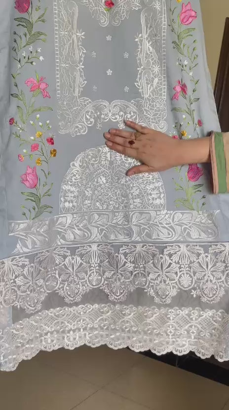 Ice Blue Embroidered Luxury Lawn Suit with Organza Dupatta – 3 Piece