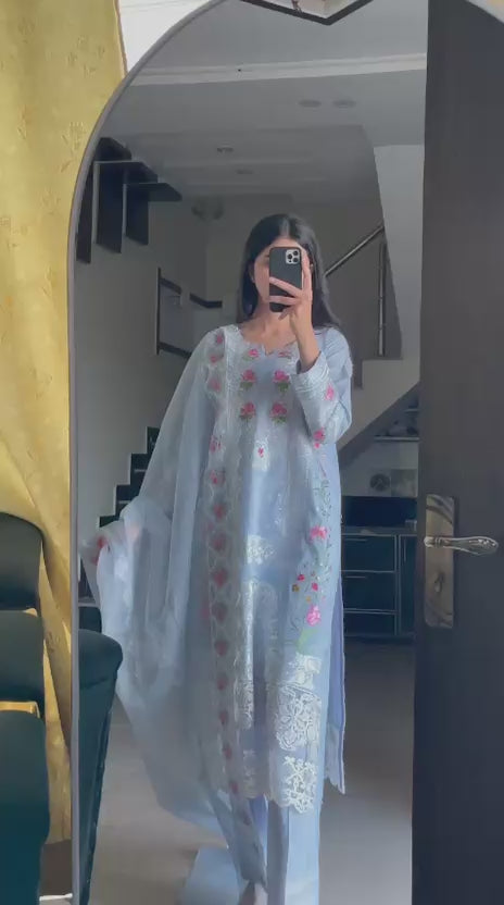 Ice Blue Embroidered Luxury Lawn Suit with Organza Dupatta – 3 Piece